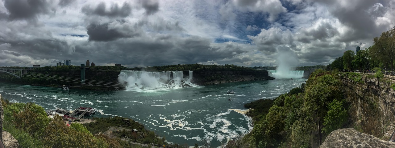 niagara falls, niagara, nature, canada, us, us falls, horseshoe falls, view, beautiful, water, clouds, rock, boat, panorama