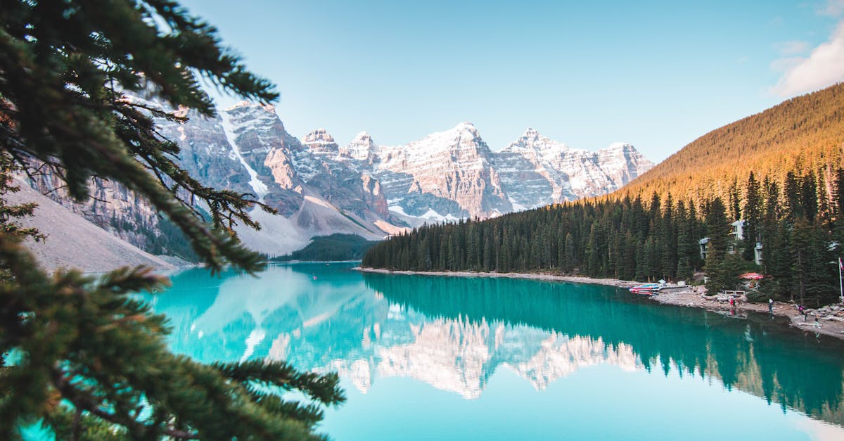 Idyllic view of Moraine Lake reflecting mountains and forests in Banff National Park, Canada.